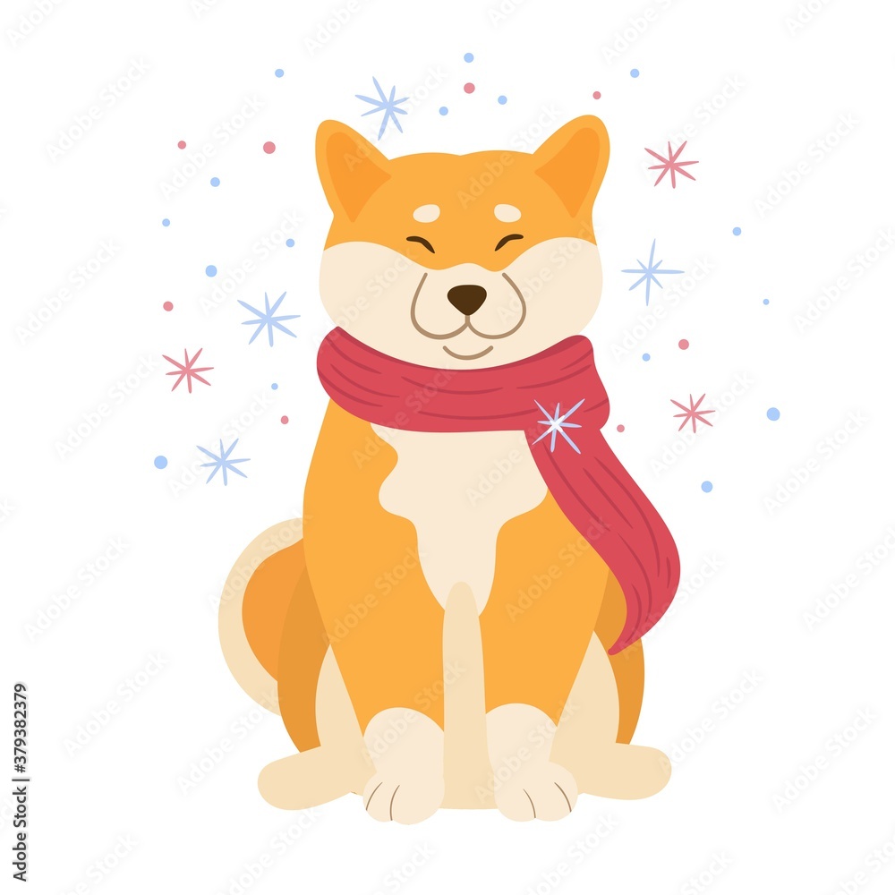 Cute puppy in winter scarf with snowflakes. Cartoon illustration of a dog. Vector isolated on white background. Design for greeting card, poster, banner. Cute puppy in winter scarf with snowflakes. Cartoon illustration of a dog. Vector isolated on white background. Design for greeting card, poster, banner.