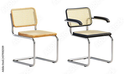 Photography Mid-century wooden chair with woven cane backrest and seat