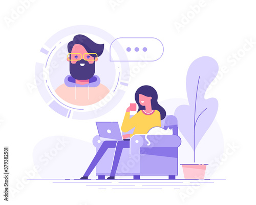 A beautiful woman using laptop for video call with his boy friend or colleague. Friends talking online. Online education and e-learning concept. Modern vector illustration.