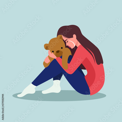 Sad crying lonely young woman sitting on floor. Depressed unhappy girl. Female character in depression, sorrow, sadness. Mental disorder or illness. Colorful vector illustration in flat cartoon style.