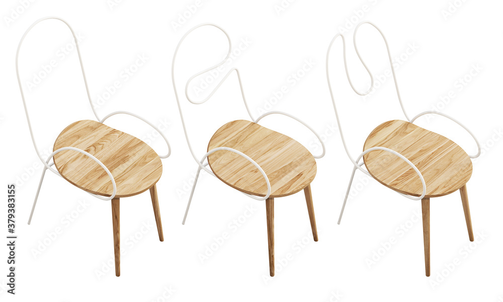 Obraz premium Contemporary wooden chair with white metal backrest and seat. 3d render.