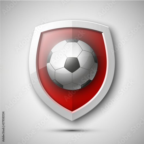 Football game icon, European Soccer game badge, Ball with ribbon on a background of blue shield, Realistic illustration