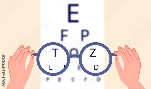 Vision health. Eye ophthalmologist test, glasses check up. Optometry testing board or blurred eyesight and optical focus vector illustration. Human vision, ophthalmologist examination and treatment