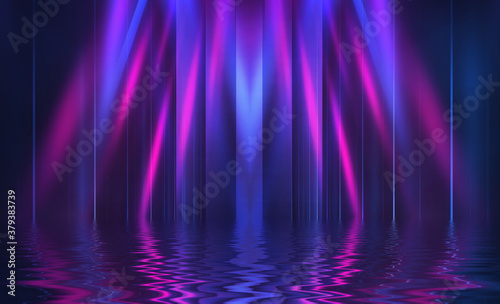 Abstract dark futuristic background. Neon rays of light are reflected from the water. Background of empty stage show, beach party. 3d illustration