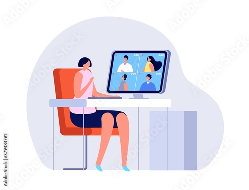 Video call. Woman close computer, online conference or meeting from home. Virtual office, girl and friends digital chat vector illustration. Internet computer online video chat communication