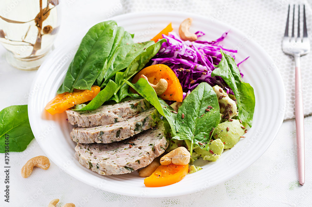 Ketogenic diet. Buddha bowl dish with meatloaf, chicken meat, avocado, cabbage and nuts. Detox and healthy concept. Keto food. Ketogenic diet. Buddha bowl dish with meatloaf, chicken meat, avocado, cabbage and nuts. Detox and healthy concept. Keto food.