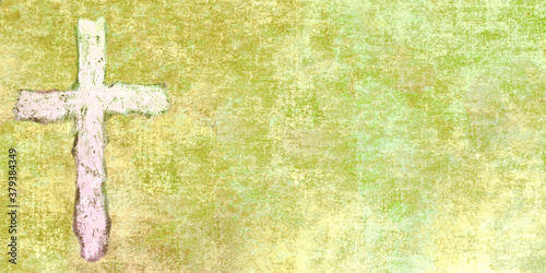 rough white cross on green and yellow grunge canvas © kathleenmadeline