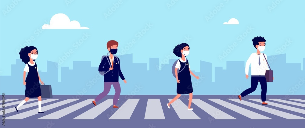 Children keep distance. Students go to school in protective mask. Protection from viruses, social medical in college kids vector illustration. Children safety on zebra, child distancing and prevention Children keep distance. Students go to school in protective mask. Protection from viruses, social medical in college kids vector illustration. Children safety on zebra, child distancing and prevention