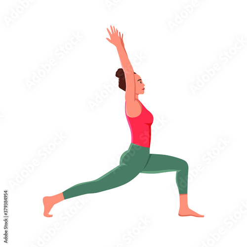 Active cartoon girl demonstrating anjaneyasana pose vector flat illustration. Yogi female practicing Young moon position isolated on white. Yoga woman training in low lunge posture