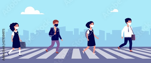 Children keep distance. Students go to school in protective mask. Protection from viruses, social medical in college kids vector illustration. Children safety on zebra, child distancing and prevention