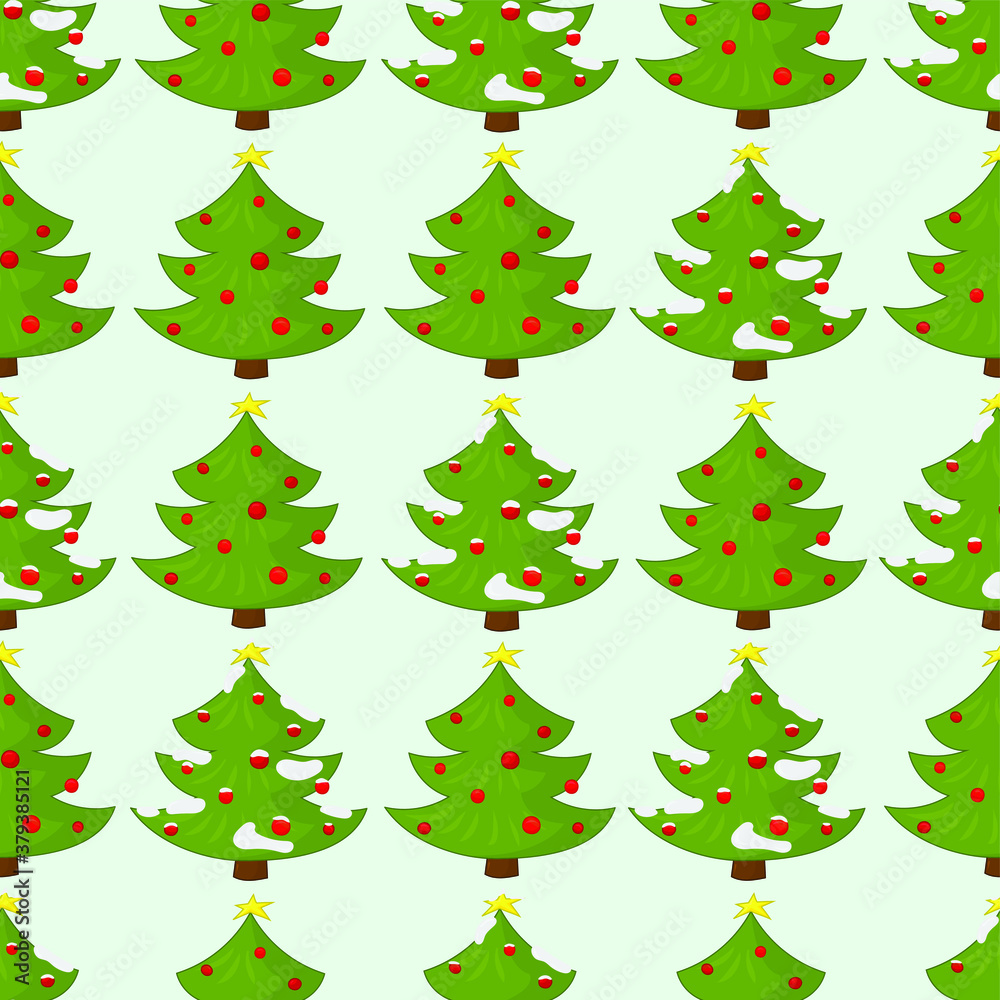 Cartoon decorated Christmas New Year winter trees with snow seamless pattern template. Holiday vector illustration on pastel green background for games, background, pattern, decor. Print for fabrics 