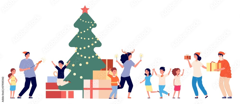 Party in orphanage. Christmas fest, orphan and volunteers. New year time, children in kindergarten gifts. Adults and kids celebrate xmas vector. Illustration xmas celebrate, celebration orphanage