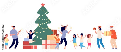 Party in orphanage. Christmas fest, orphan and volunteers. New year time, children in kindergarten gifts. Adults and kids celebrate xmas vector. Illustration xmas celebrate, celebration orphanage