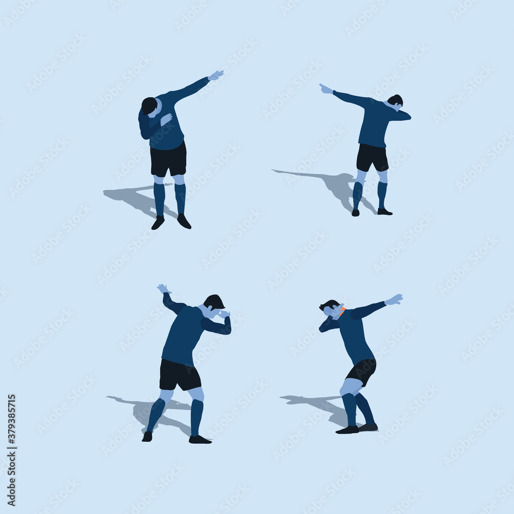 soccer player do a dab celebration set - two tone flat illustration - shot, dribble, celebration and move in soccer