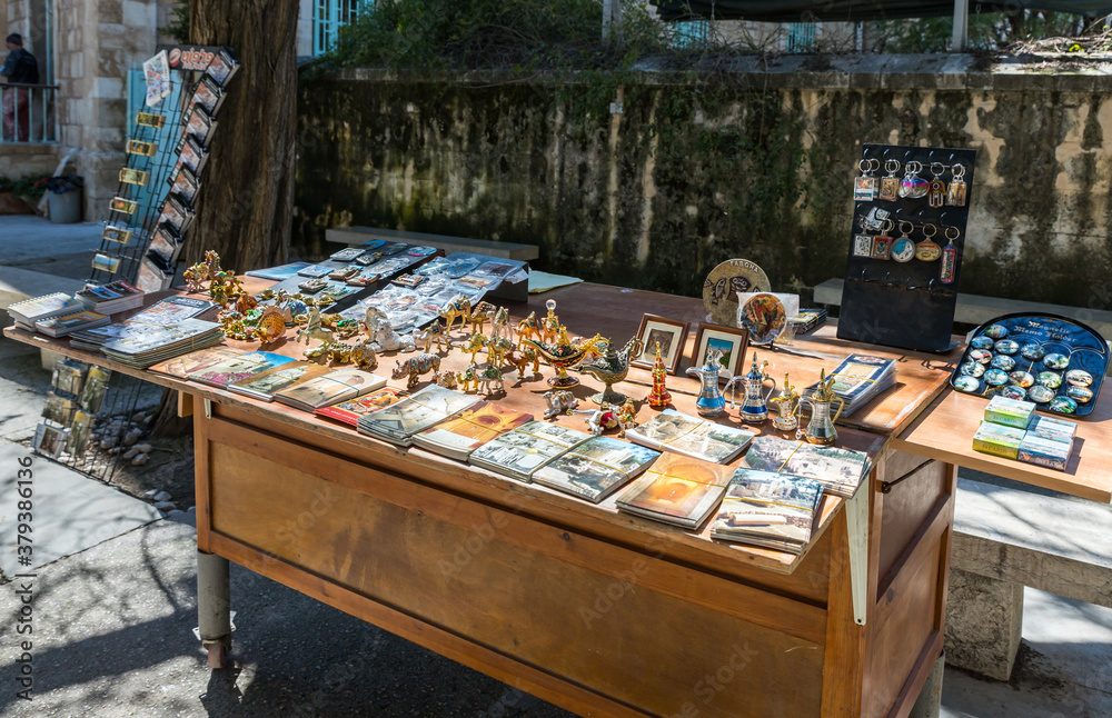 Souvenir shop for tourists in the courtyard of Pools of Bethesda in the old city of Jerusalem, Israel
