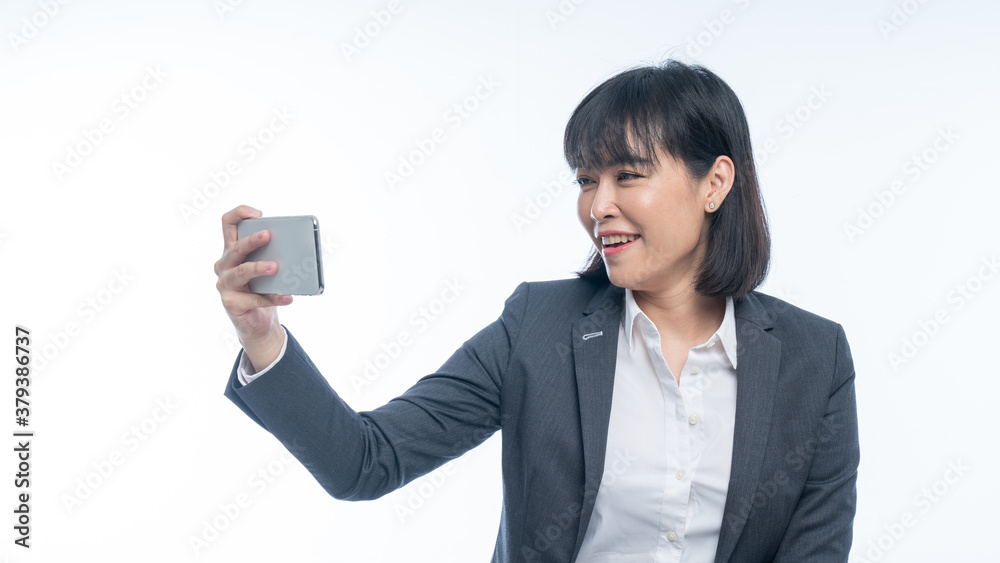 Business women use smartphones to work On white background Business women use smartphones to work On white background