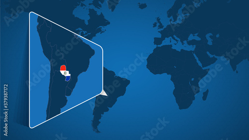 Location of Paraguay on the World Map with Enlarged Map of Paraguay with Flag.
