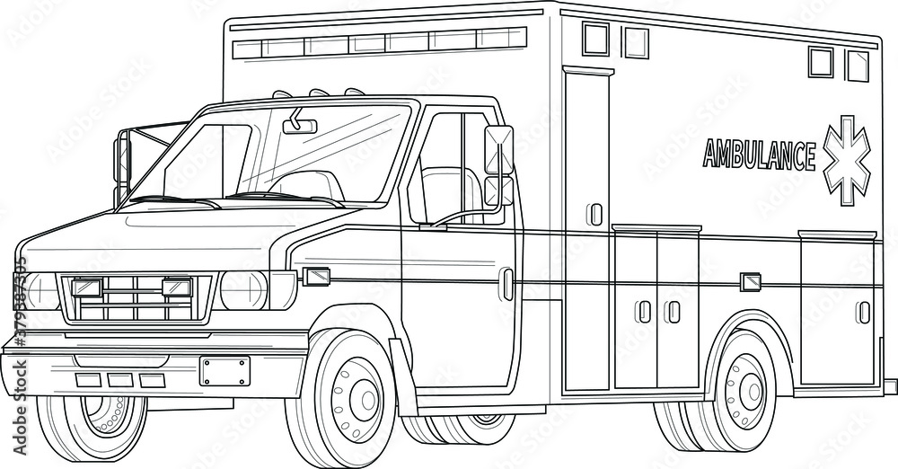 Ambulance emergency car realistic sketch template. Cartoon vector  illustration in black and white for games, background, pattern, decor.  Print for fabrics and other surfaces. Coloring paper, page Stock Vector |  Adobe Stock