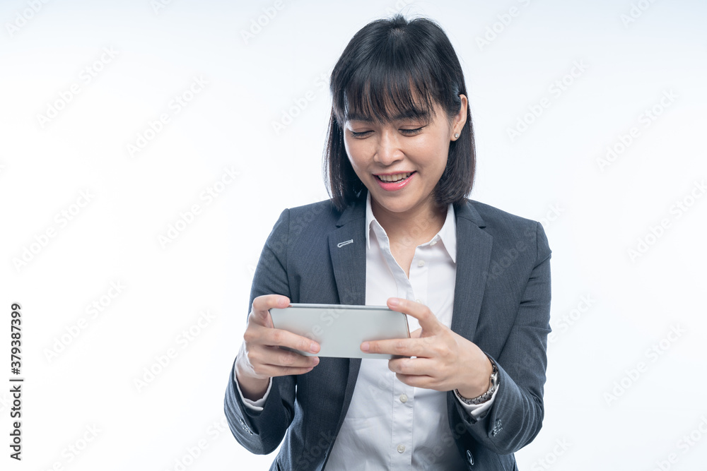 Business women use smartphones to work On white background Business women use smartphones to work On white background