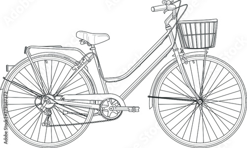 Retro vintage bicycle with basket realistic sketch template. Cartoon vector illustration in black and white for games, background, pattern, decor. Print for fabrics and other surfaces. Coloring paper