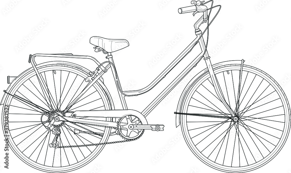 Retro vintage bicycle realistic sketch template. Cartoon vector  illustration in black and white for games, background, pattern, decor.  Print for fabrics and other surfaces. Coloring paper, page, book Stock  Vector | Adobe