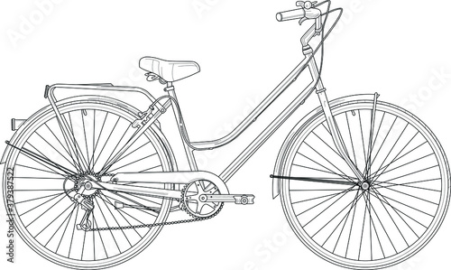 Retro vintage bicycle realistic sketch template. Cartoon vector illustration in black and white for games, background, pattern, decor. Print for fabrics and other surfaces. Coloring paper, page, book