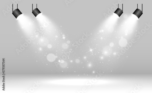 White scene on with spotlights. Vector illustration.
