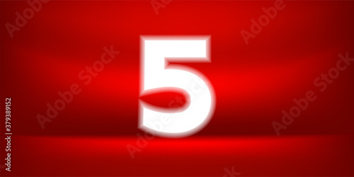 Number five white glow on red luxurious background, No. 5 on red background, Number 5 for Banner Anniversary