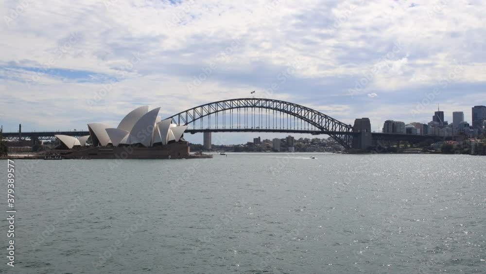 Time-lapse of ferries and boats in Sydney Harbour with clouds in the sky passing by vigorously 