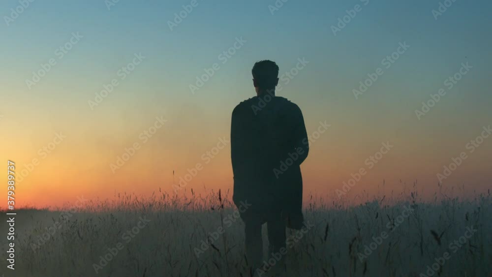Silhouette of a man walking through a misty field during summer sunset Silhouette of a man walking through a misty field during summer sunset