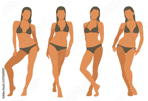 Vector illustration of woman in swimsuit. Set of colored bikini girl silhouette. Vector woman icons isolated on white background.