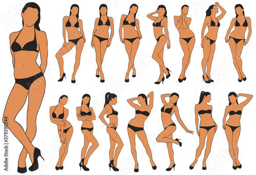 Set of girls in bikini and shoes standing in different poses isolated on white background. Colored silhouette of slim sexy woman body with bikini dress on it. Pinup style fashion vector illustration. 