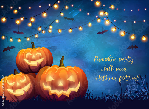 Poster with festive decorative lights and glowing pumpkins with scary faces. Autumn unusual illustration for party, halloween or festival