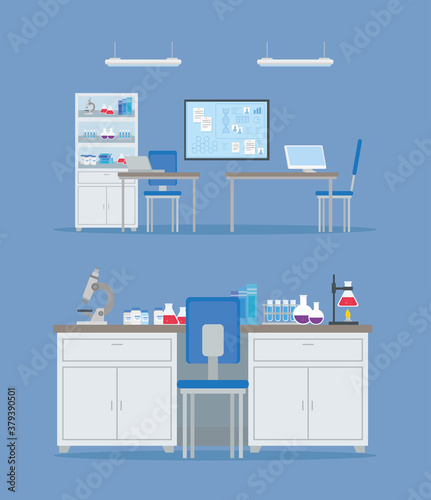 medical vaccine research, scene of laboratory for scientific virus prevention study vector illustration design