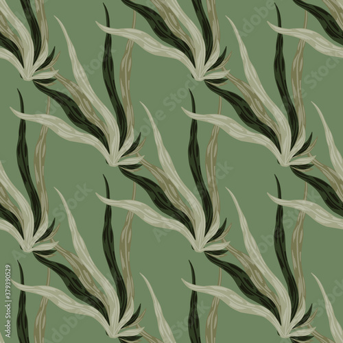 Pale brown and grey tones seaweeds seamless pattern. Green background. Underwater foliage artwork.