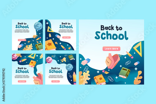 Back to school social media post template promotion, icon bag,books,ruler,eraser, flat illustration