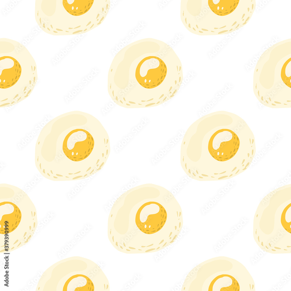 Fototapeta premium Isolated breakfast seamless pattern with omelette ornament. Meal with eggs in pastel tones with yellow yolk on white background.