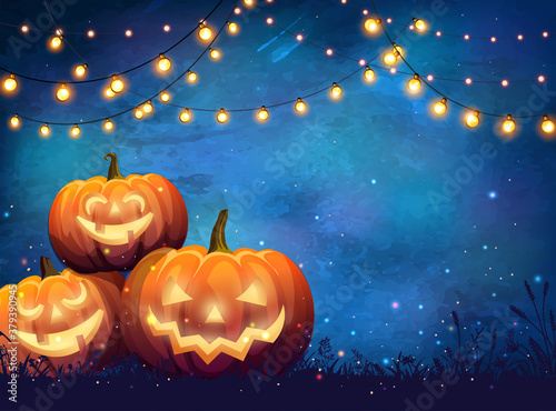 Poster with festive decorative lights and glowing pumpkins with scary faces. Autumn unusual illustration for party, halloween or festival