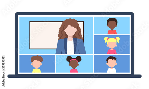 Online school class. Woman teaching with video conference call on laptop. Children studying on computer from home. Remote education. Vector isolated on white background
