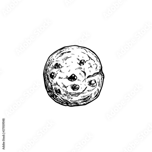 Chocolate chip cookie. Top view. Hand drawn sketch style. Fresh baked. American biscuit. Vector illustration isolated on white background.