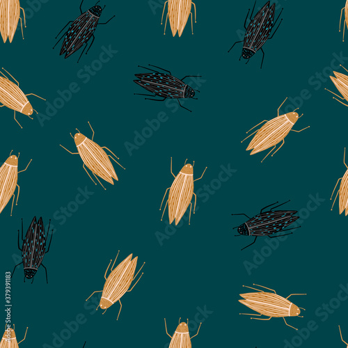 Seamless random pattern with bugs beige and black silhouettes. Dark turquoise background. Wildlife print.