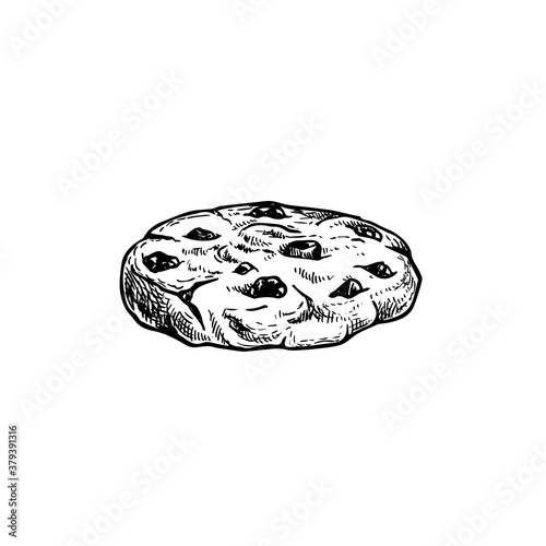 Chocolate chip cookie. Hand drawn sketch style. Fresh baked. American biscuit. Vector illustration isolated on white background.