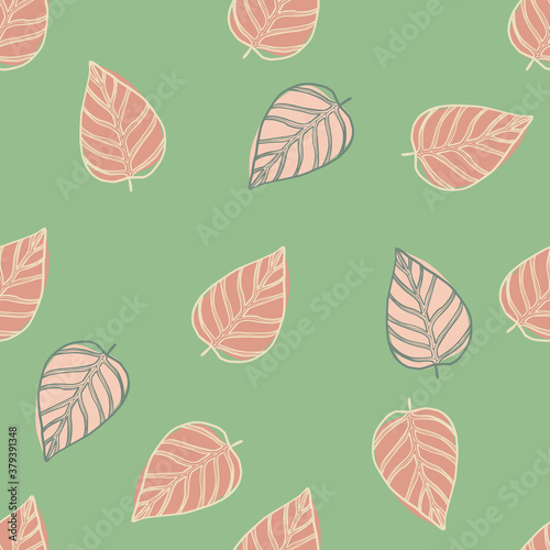 Simple seamless random pattern with oultine leaves. Pink tones contoured botanic shapes on green background.