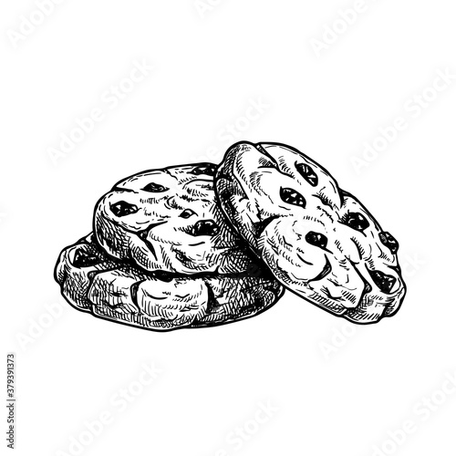 Chocolate chip cookies. Hand drawn sketch style. Fresh baked. American biscuit. Vector illustration isolated on white background.