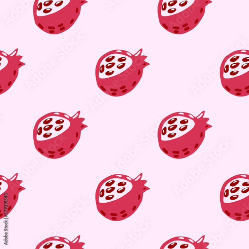 Hand drawn pomegranate seamless stylized fruit pattern. Simple food ornament in pastel pink tones.