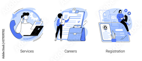 Corporate website abstract concept vector illustration set. Service and careers, registration page, menu bar design, corporate website, create account, user experience and interface abstract metaphor.