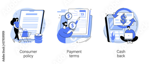 Customer loyalty abstract concept vector illustration set. Consumer policy, payment terms and cash back, buyer protection, cash flow, credit card, reward program, disclaimer abstract metaphor.
