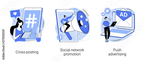 Media promotion abstract concept vector illustration set. Social network promotion, cross-posting, push advertising, comment and like, digital marketing, smm and post sharing abstract metaphor.