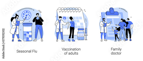 Influenza treatment abstract concept vector illustration set. Seasonal flu, vaccination of adults, family doctor, acute infection symptoms, immunization schedule, physician service abstract metaphor.
