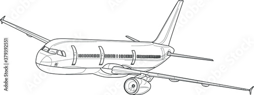 Modern classic airplane realistic sketch template. Cartoon vector illustration in black and white for games, background, pattern, decor. Print for fabrics and other surfaces. Coloring paper, page